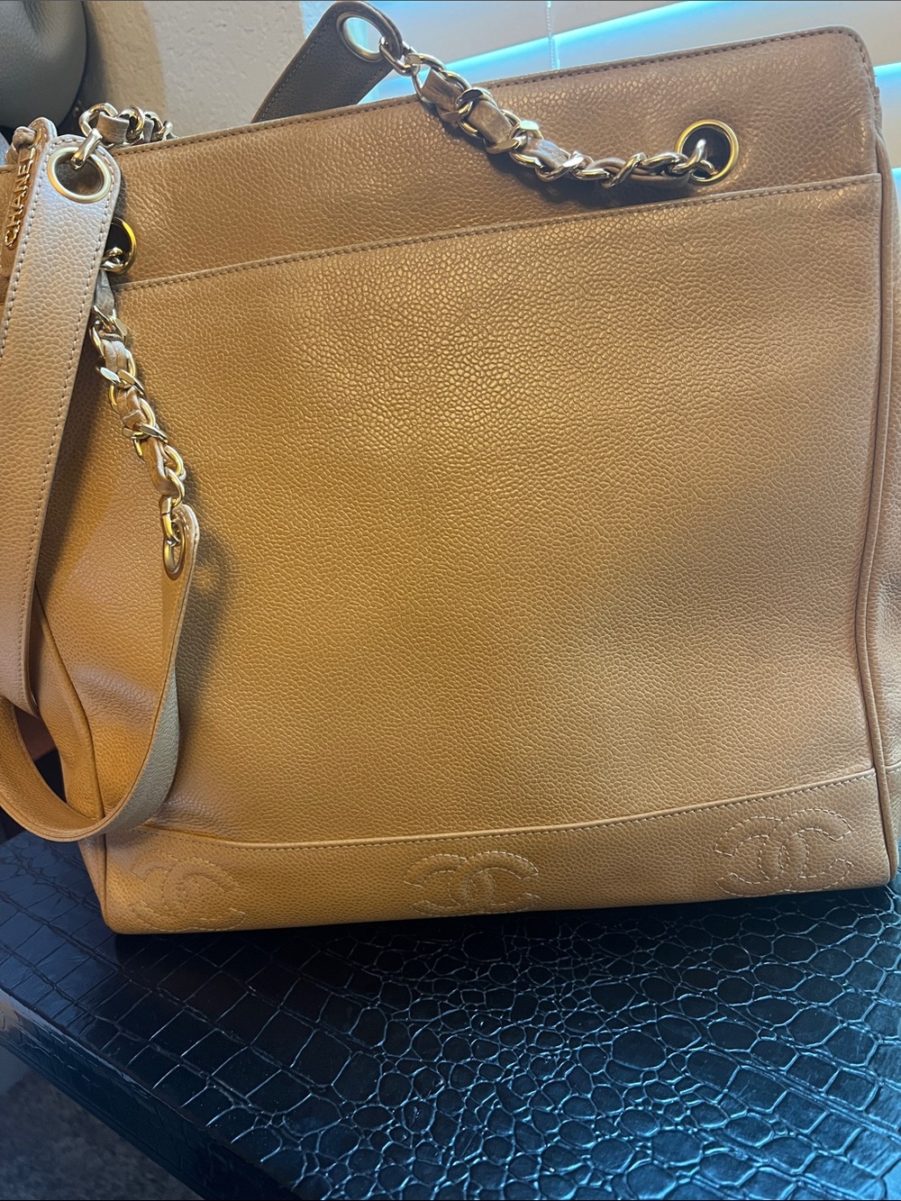 CHANEL Tan Leather Shoulder Bag with Chain Detail